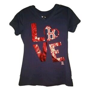 MLB 4Her Boston Red Sox T-Shirt V Neckline Metallic Love logo Size M Blue ‎ NWOT